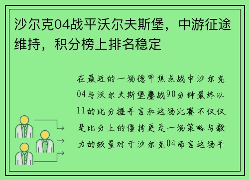 沙尔克04战平沃尔夫斯堡，中游征途维持，积分榜上排名稳定