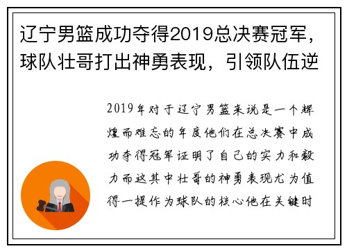 辽宁男篮成功夺得2019总决赛冠军，球队壮哥打出神勇表现，引领队伍逆转胜！
