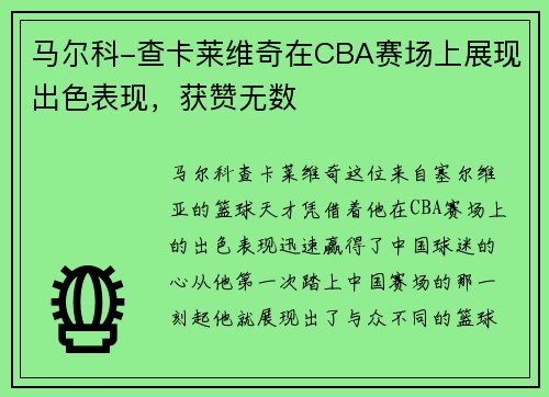 马尔科-查卡莱维奇在CBA赛场上展现出色表现，获赞无数